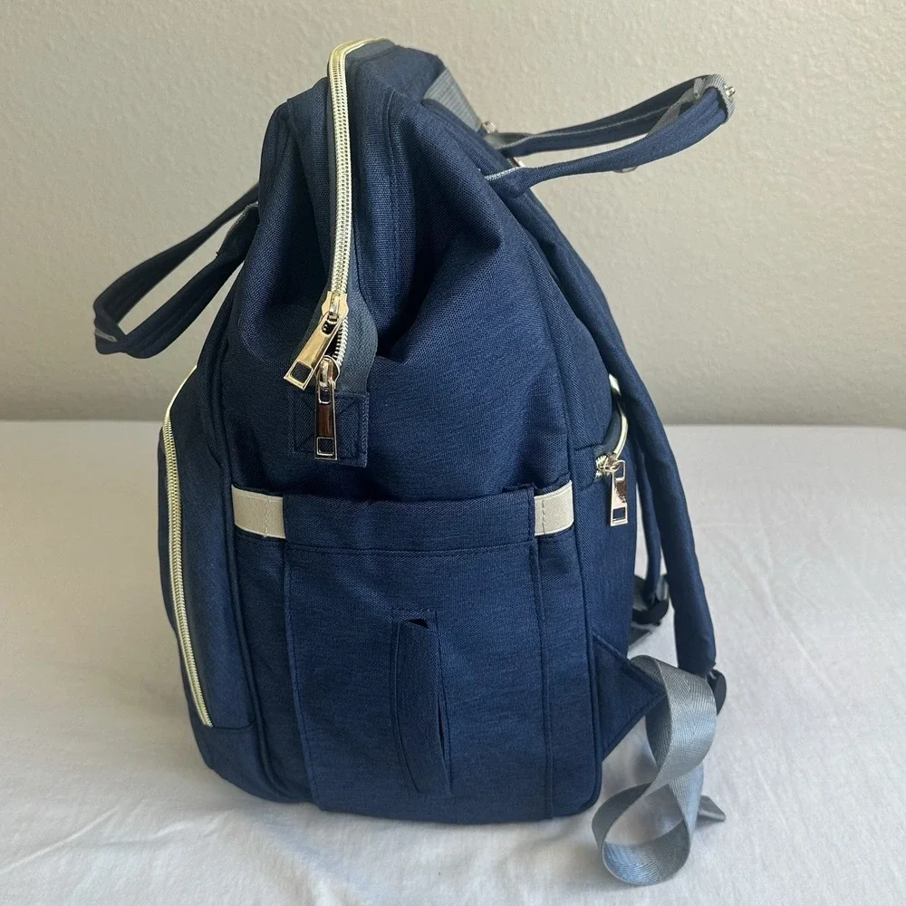 LAND Backpack Diaper Bag Unisex Blue‎ Multi Compartments Zip Travel Canvas Tote